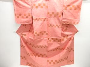 横段に市松模様織り出し手織り紬単衣着物